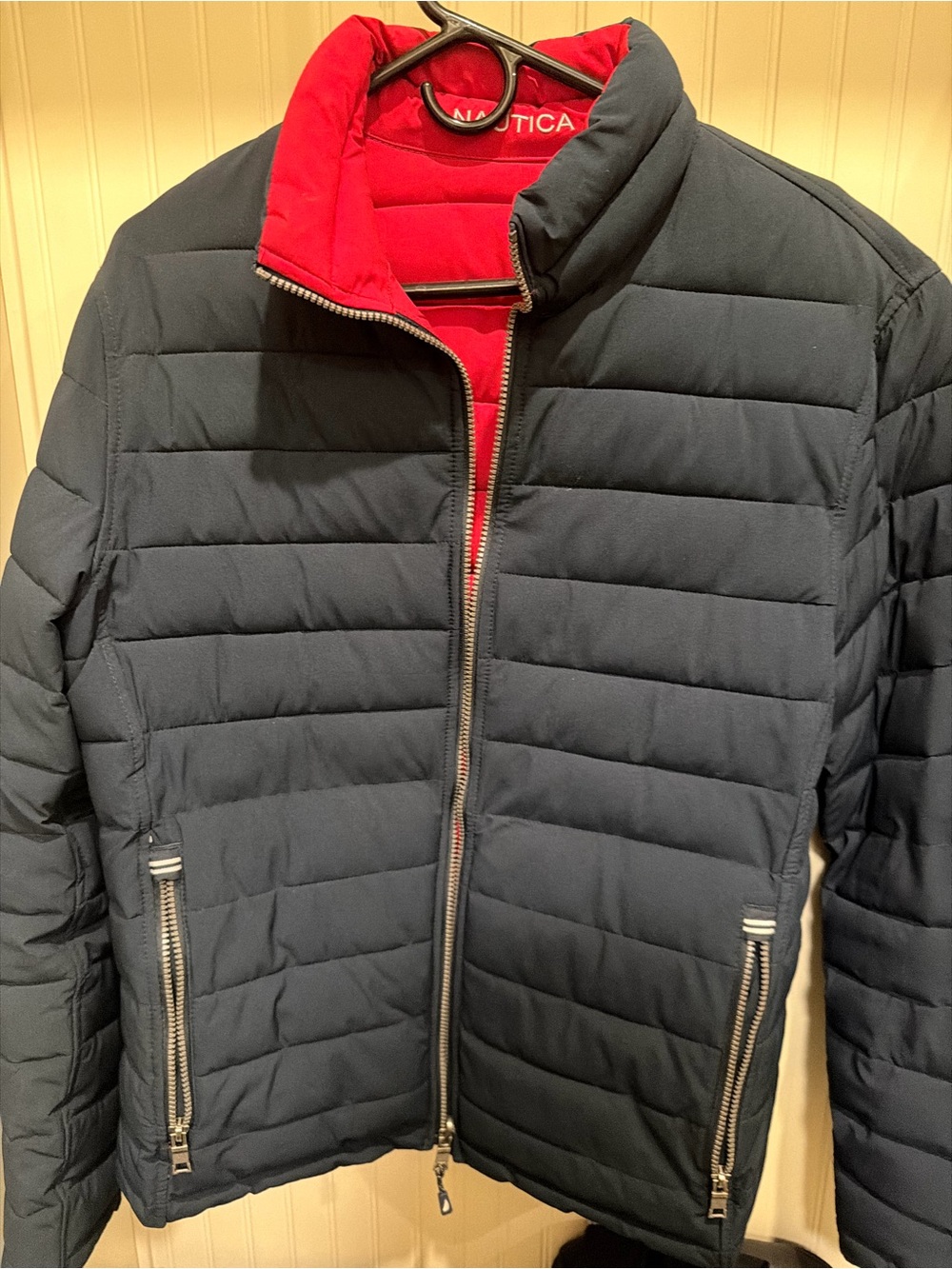 Nautica Men’s Navy Puffer Jacket with Red Lining reversible
